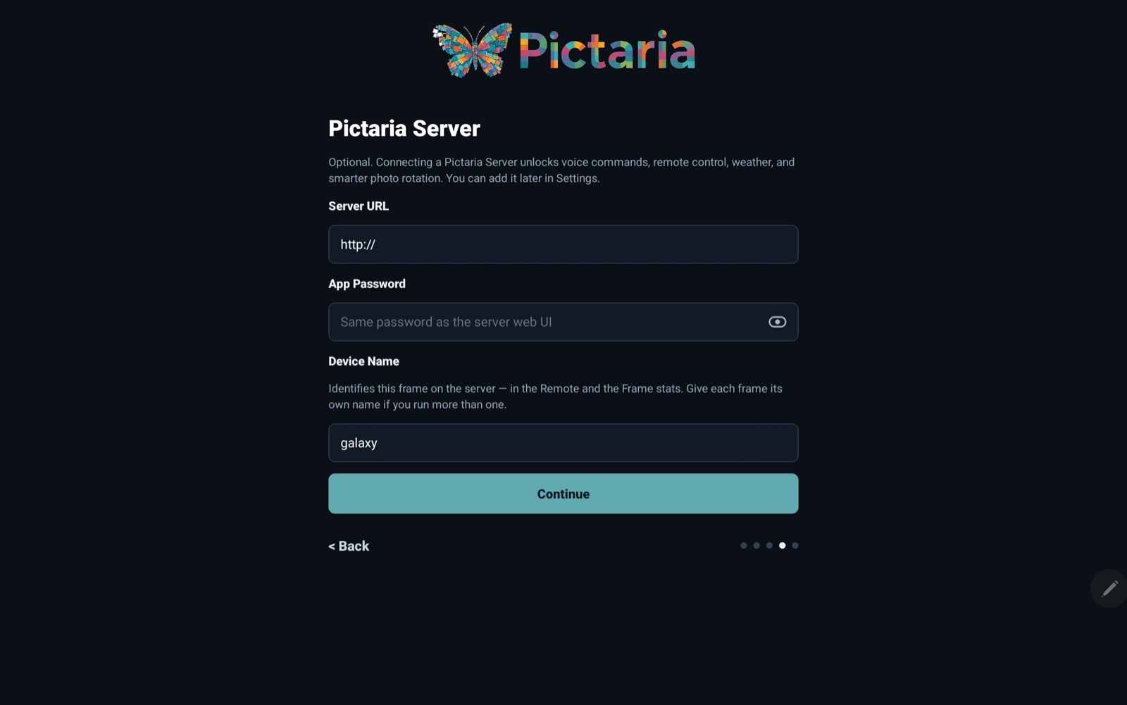 Pictaria Frame setup wizard at the optional Pictaria Server step, with server URL, app password, and device name fields