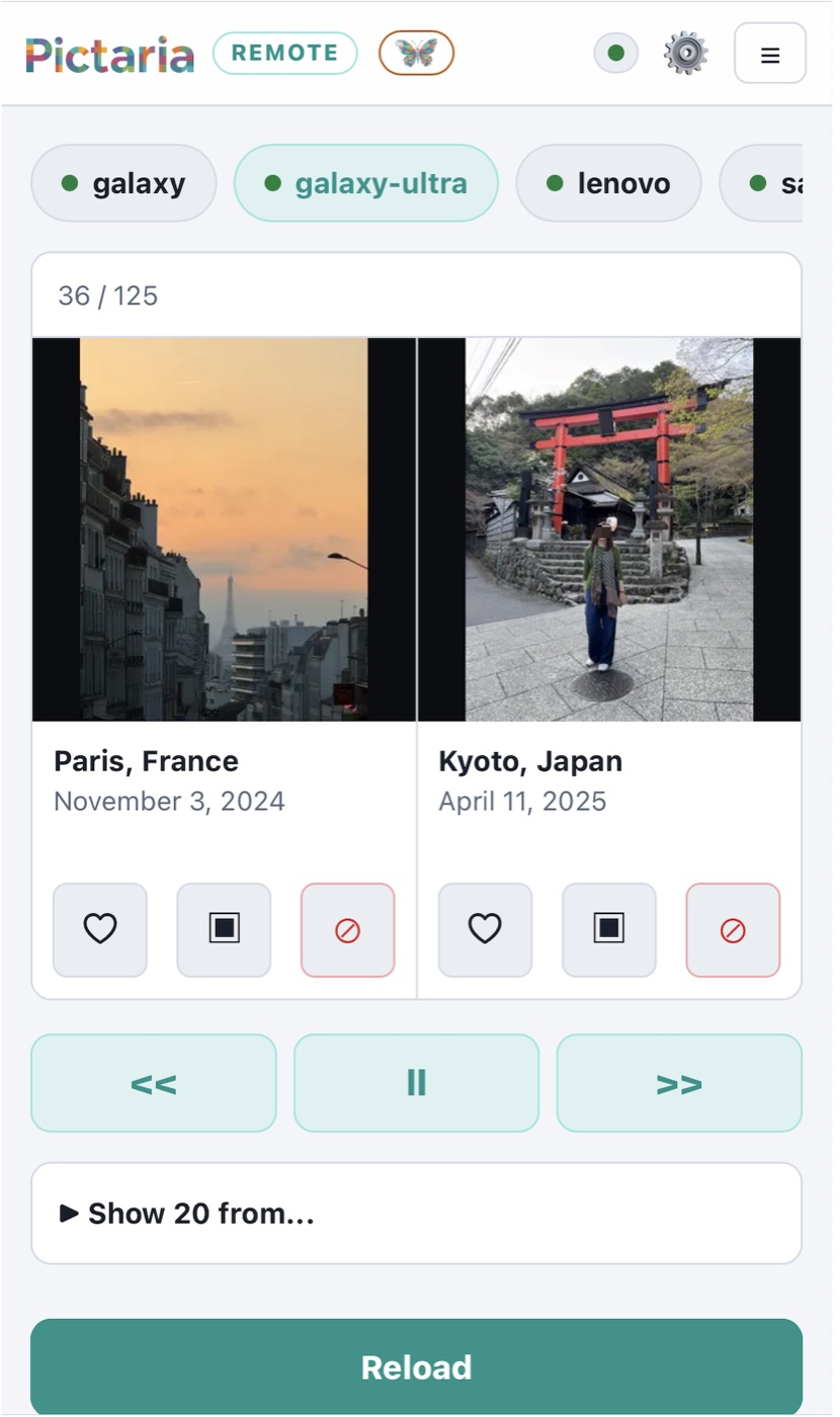 Pictaria Remote in a phone browser: device chips for each Frame, the photos now showing with like and hide buttons, and playback controls