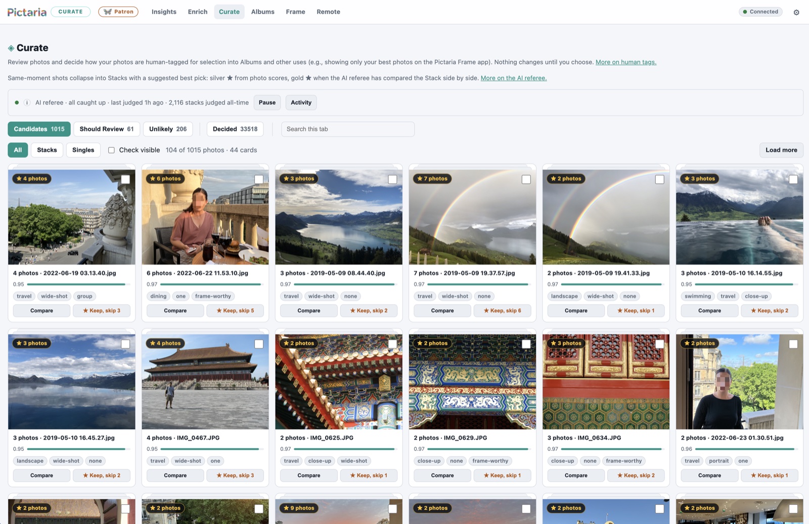 Pictaria Server Curate page showing burst stacks of photos with AI-suggested best picks, quality scores, tags, and one-click keep buttons