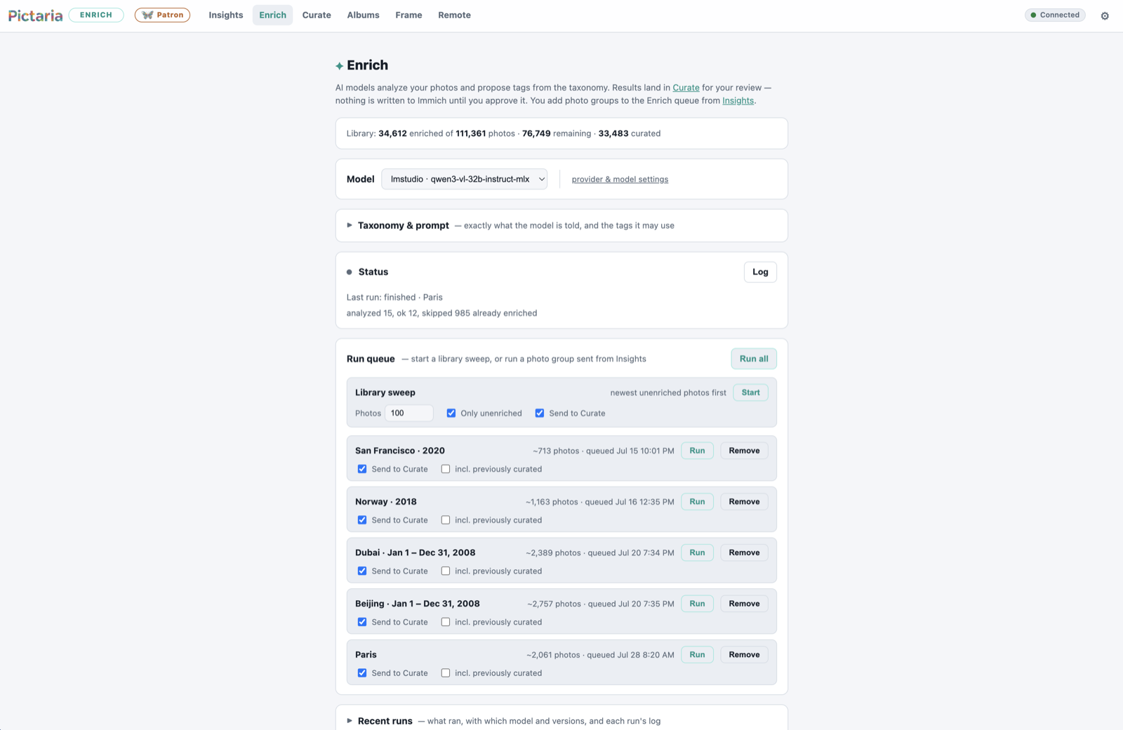 Pictaria Server Enrich page with a model selector, run status, and a queue of trip photo groups ready to run
